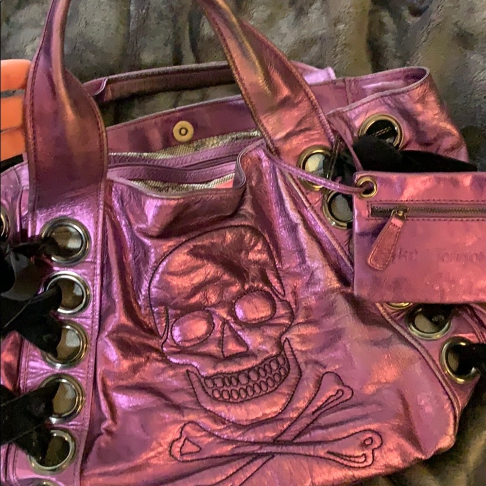 Betsey Johnson purple metallic skull purse